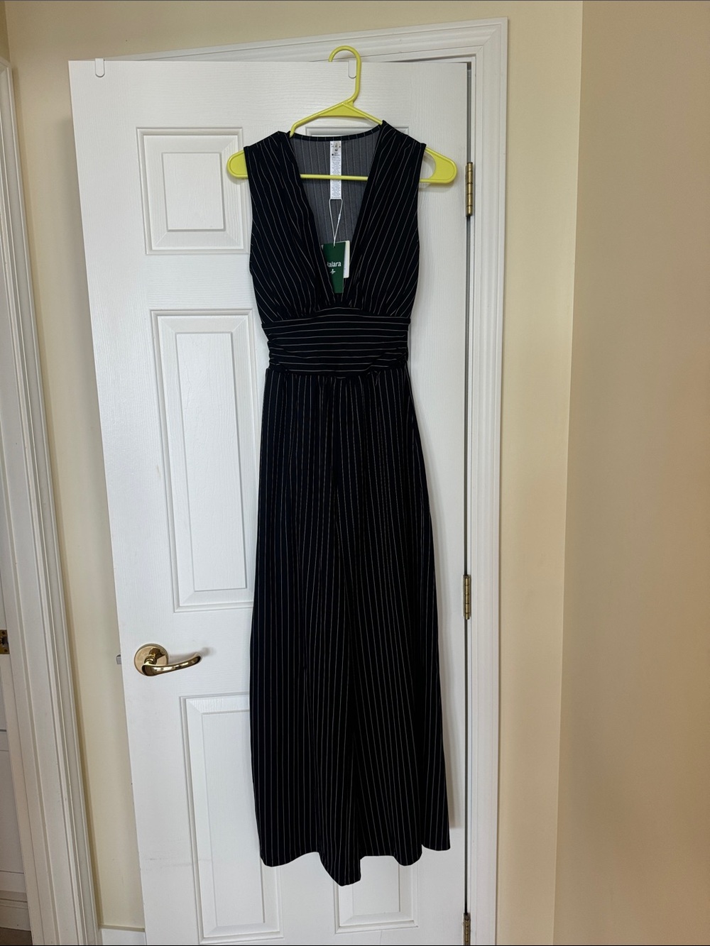 HALARA Black Pinstripe V-Neck Jumpsuit